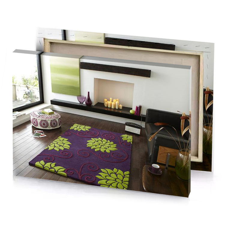 a living room with fireplace and purple rug taupe canvas