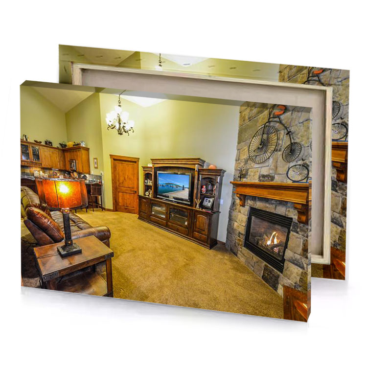 a living room with fireplace and tv bronze canvas