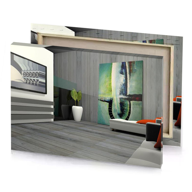 a living room with large painting on the wall camouflage green canvas
