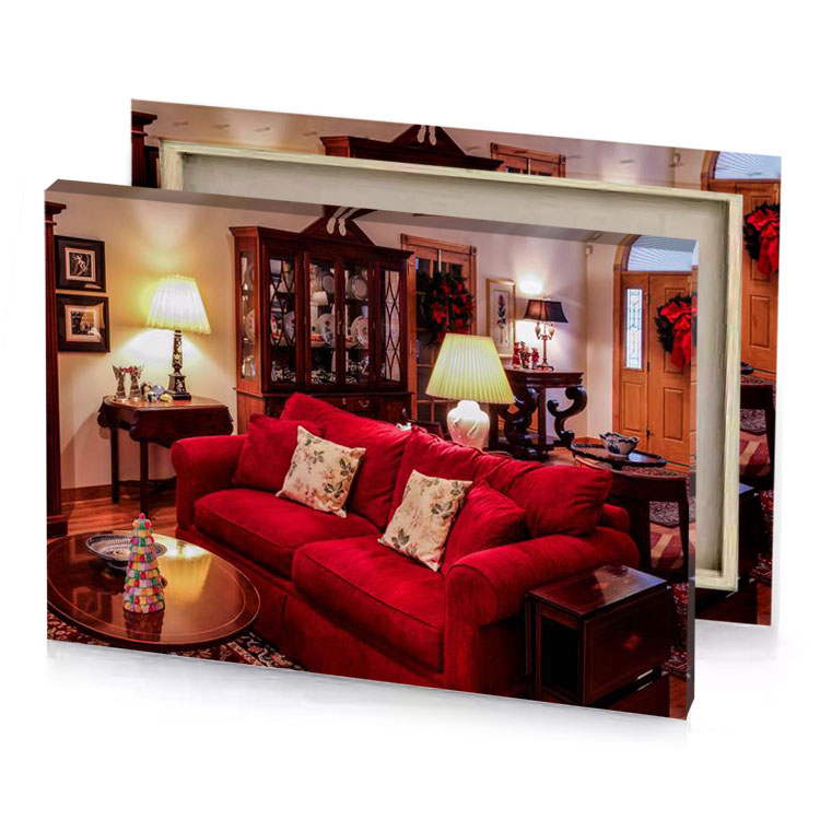 a living room with red couch and coffee table dark canvas