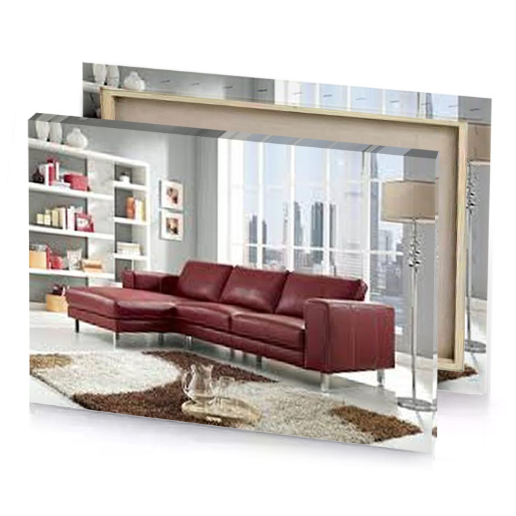 a living room with red couch and white rug bistre canvas