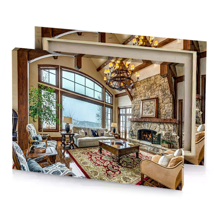 a living room with stone fireplace and large window pale turquoise canvas
