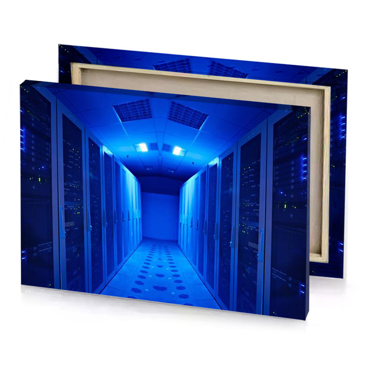 a long hallway with rows of servers dodger blue canvas