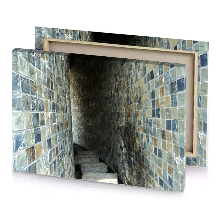 a long narrow hallway with stone wall bistre canvas