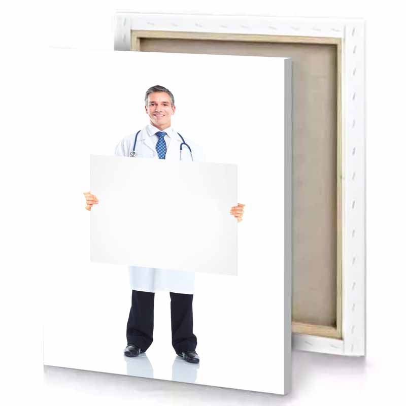 a male doctor holding blank sign peach canvas