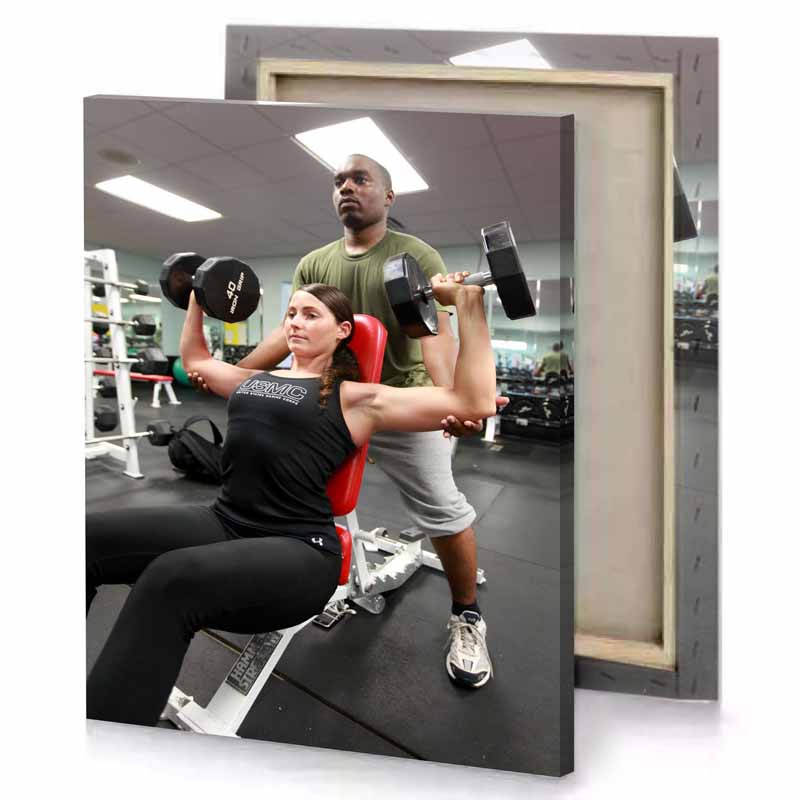 a man and woman are doing bench press camouflage green canvas