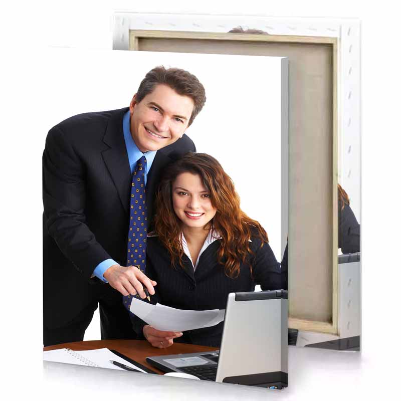 a man and woman are looking at laptop smoky black canvas