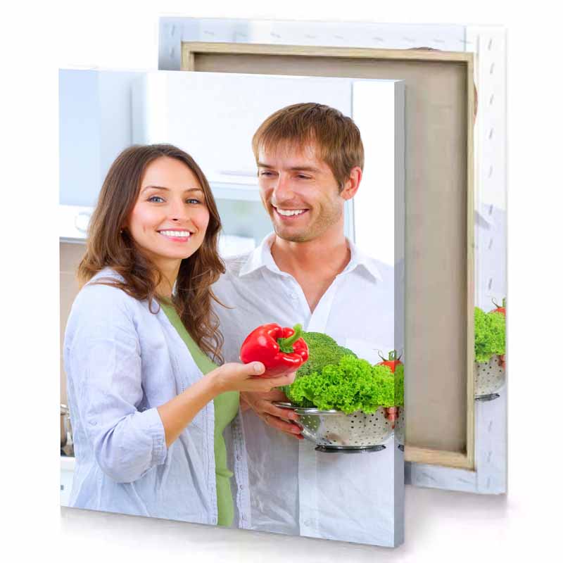 a man and woman holding bowl of vegetables lavender canvas