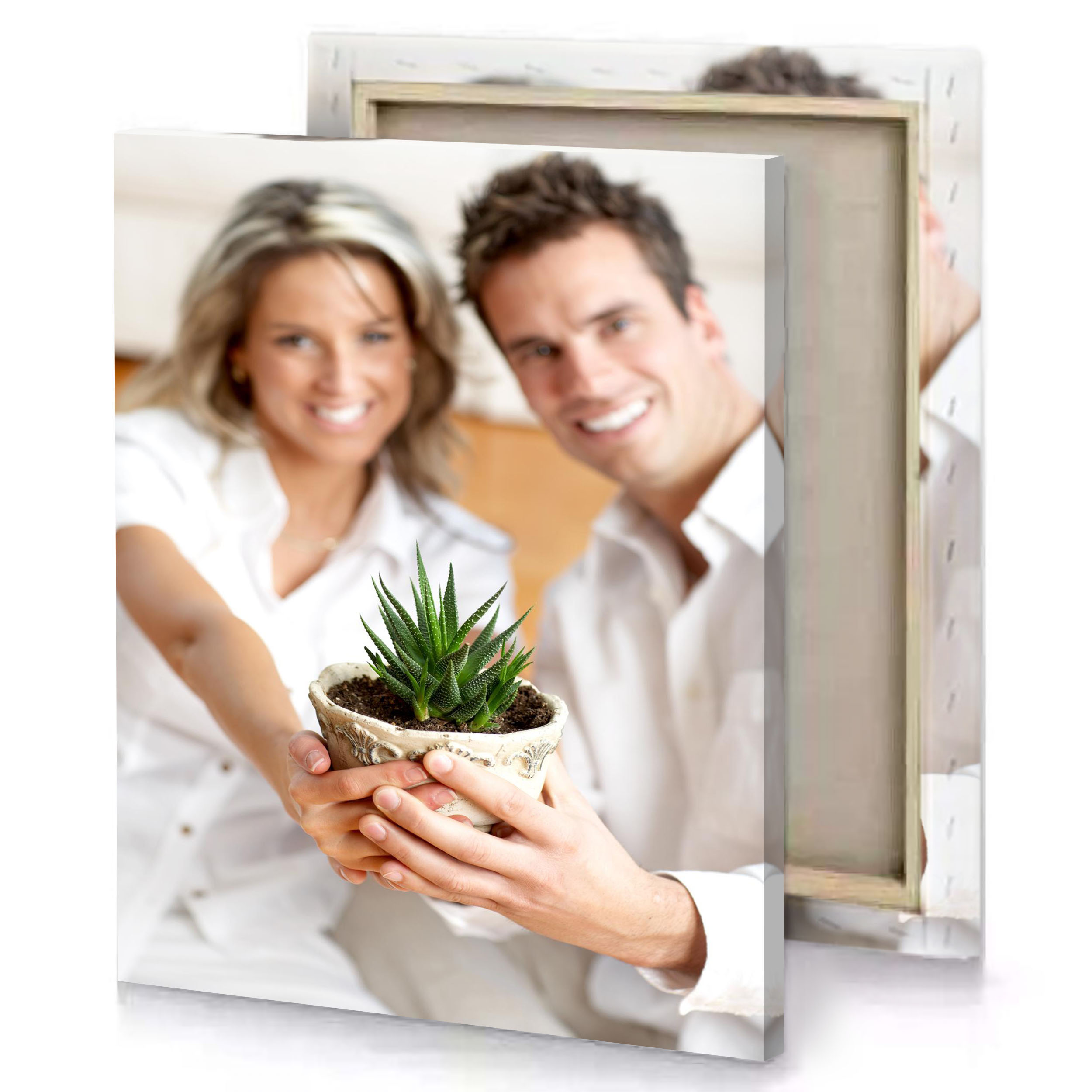 a man and woman holding pot of succcccccccccccccccccccc linen canvas