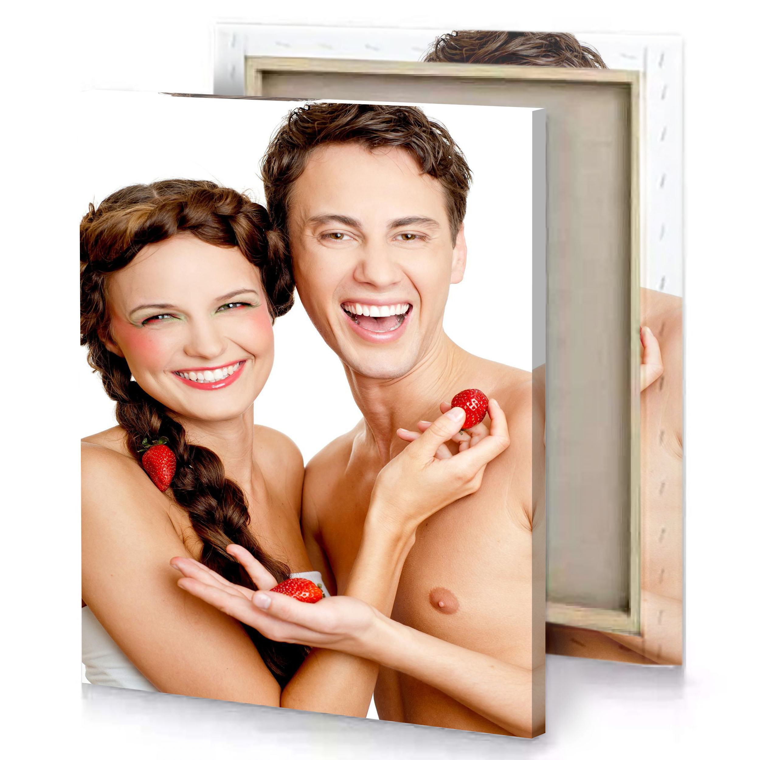 a man and woman holding strawberry together snow canvas