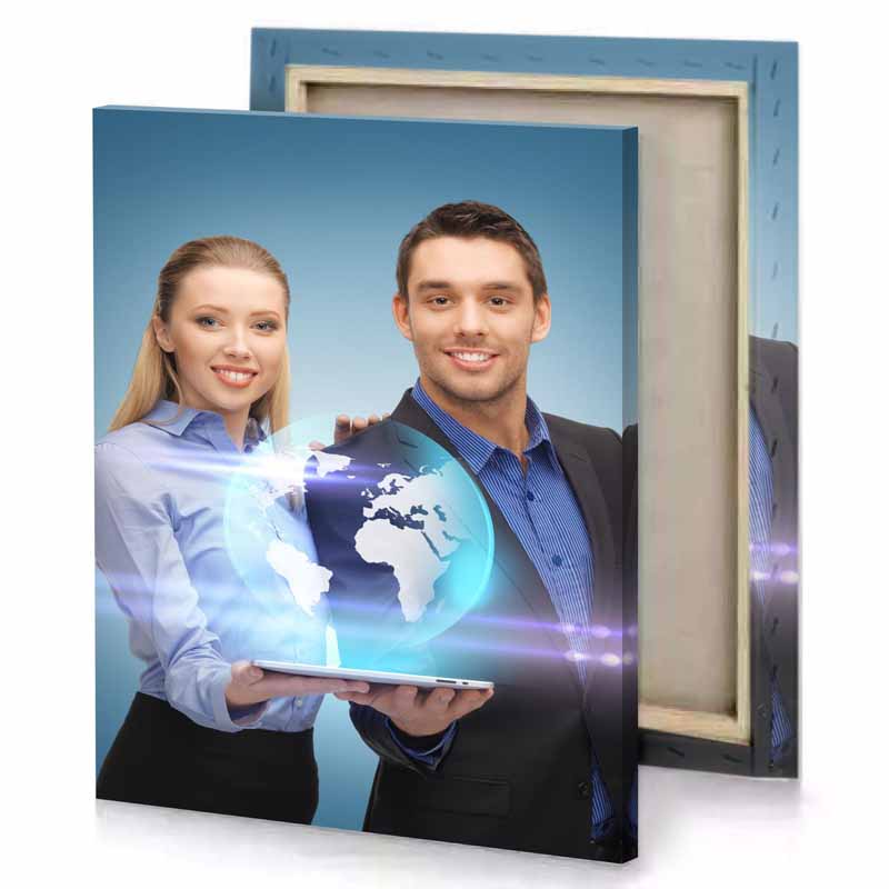 a man and woman holding tablet with world globe teal blue canvas