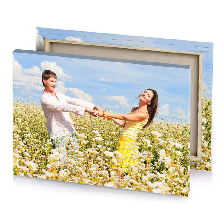 a man and woman in field of flowers light steel blue canvas
