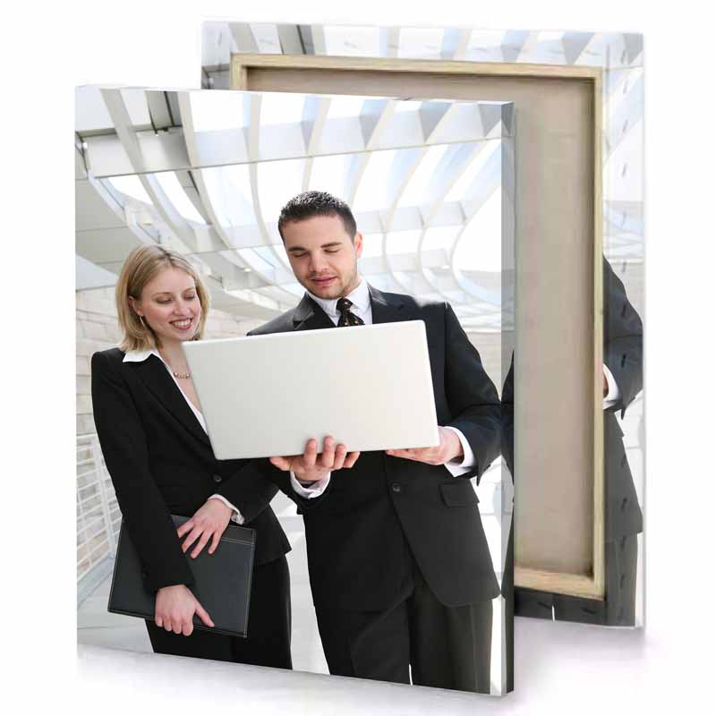 a man and woman in suits holding laptop white smoke canvas