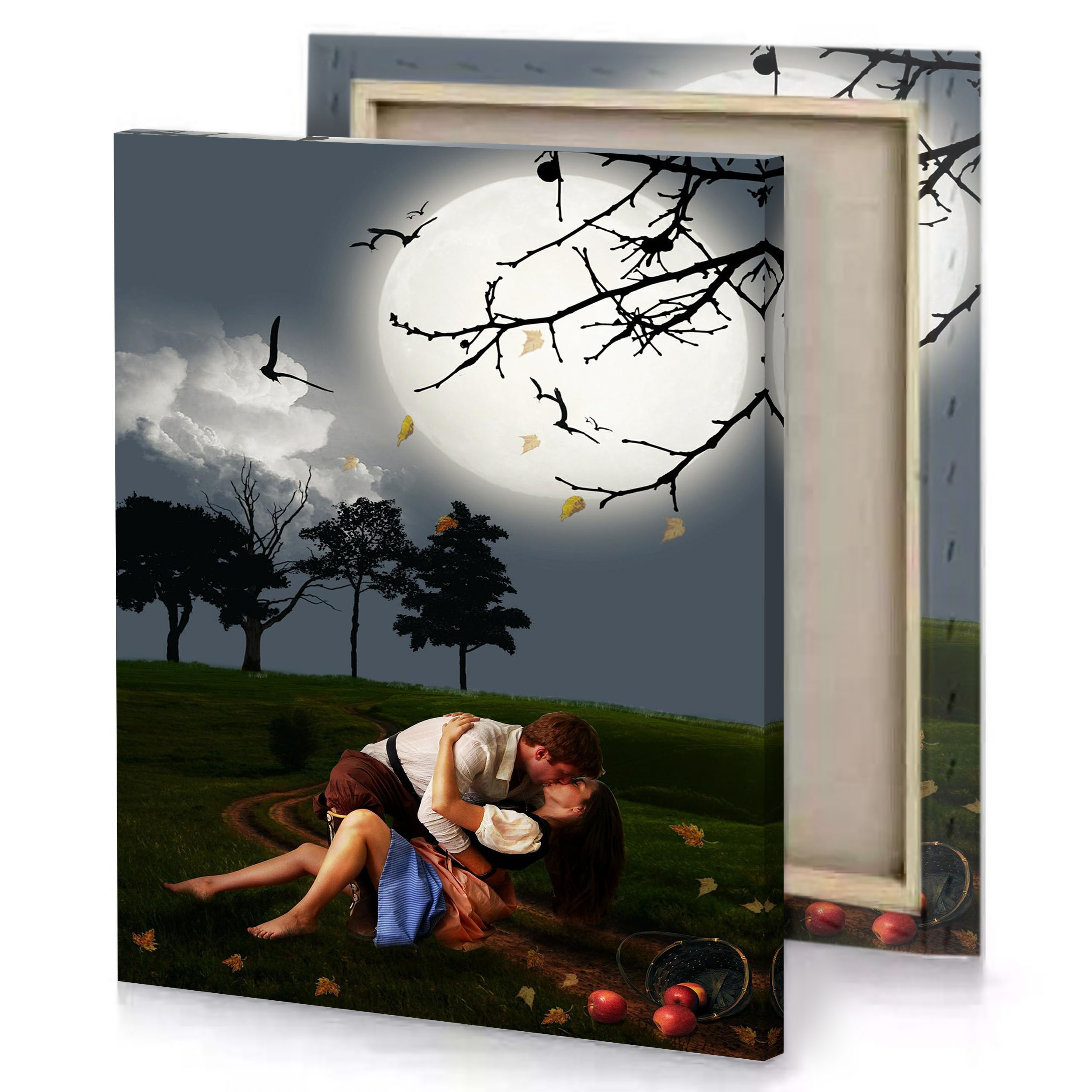 a man and woman kissing in field platinum canvas