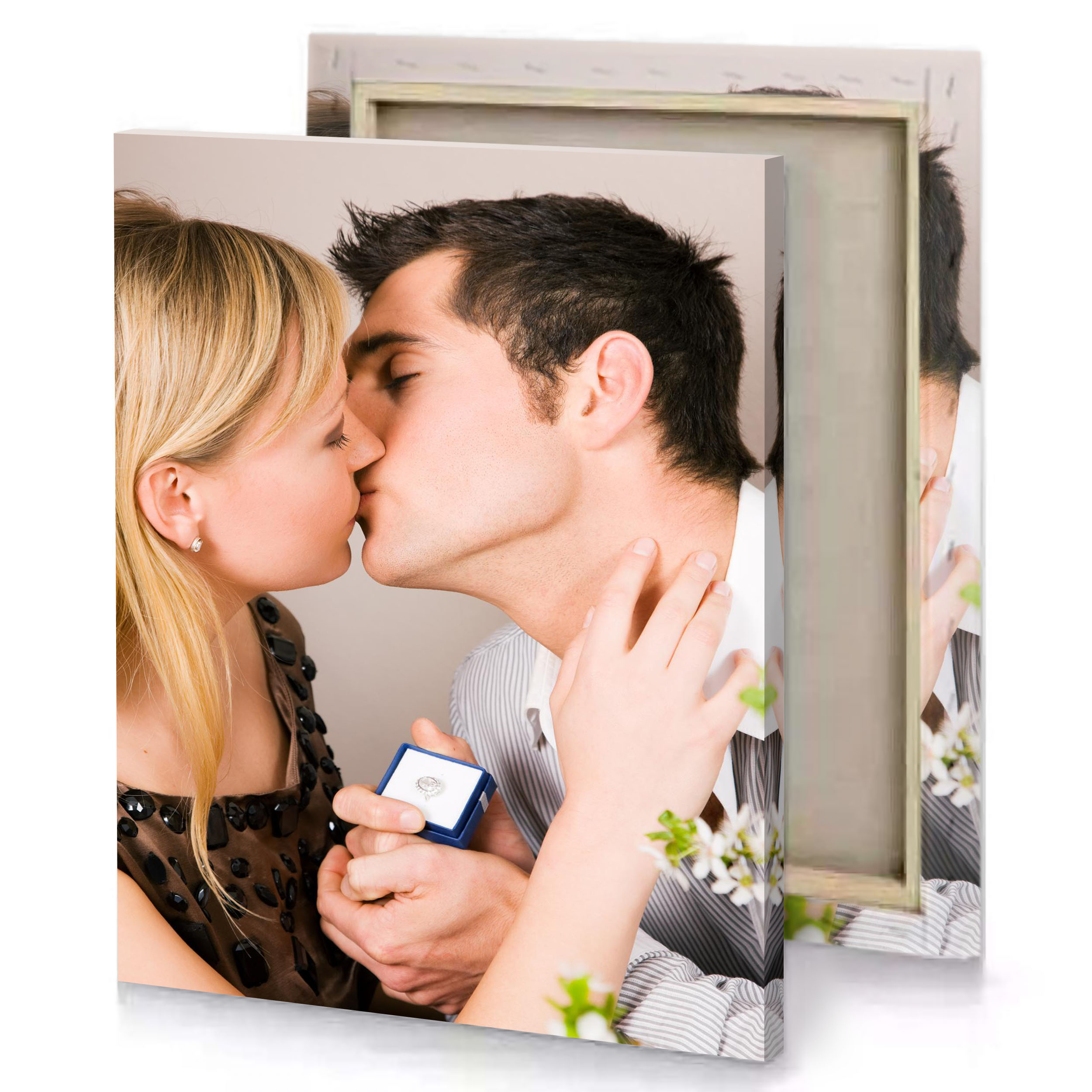 a man and woman kissing silver canvas