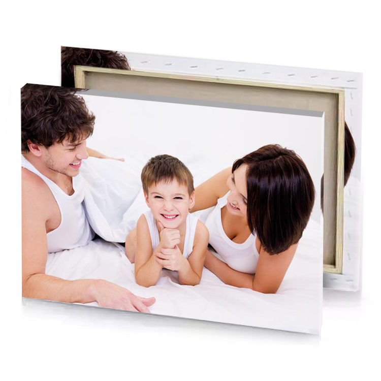 a man and woman laying on bed with child white smoke canvas