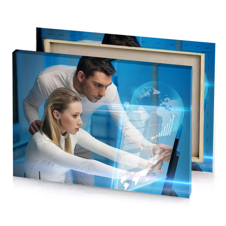 a man and woman looking at laptop denim blue canvas