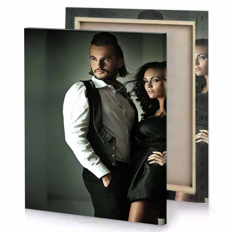 a man and woman posing for picture taupe canvas