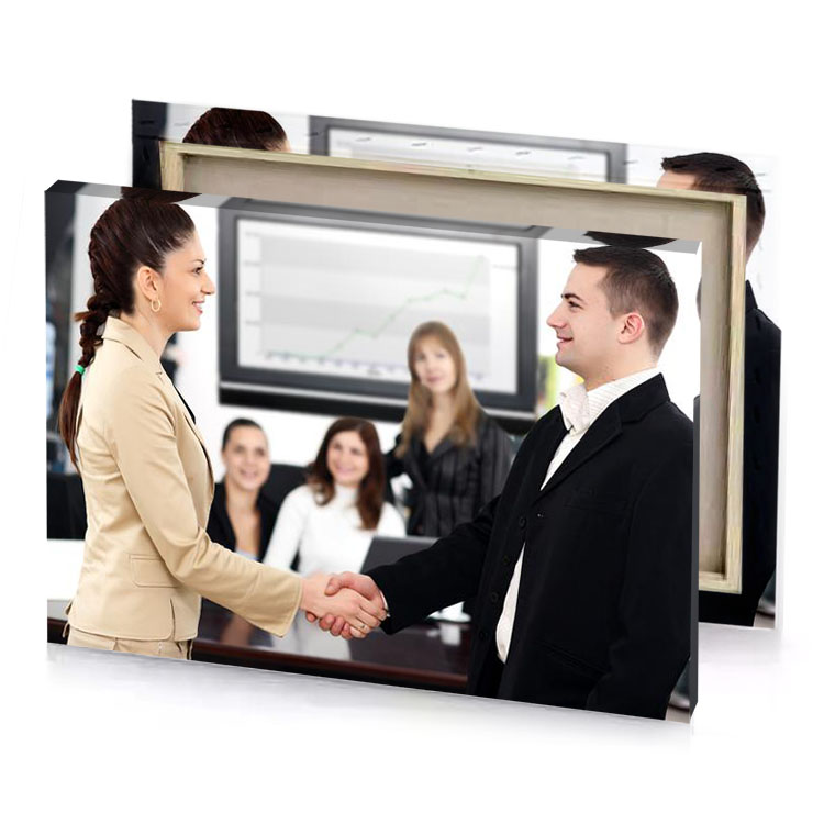 a man and woman shaking hands in front of group smoky black canvas