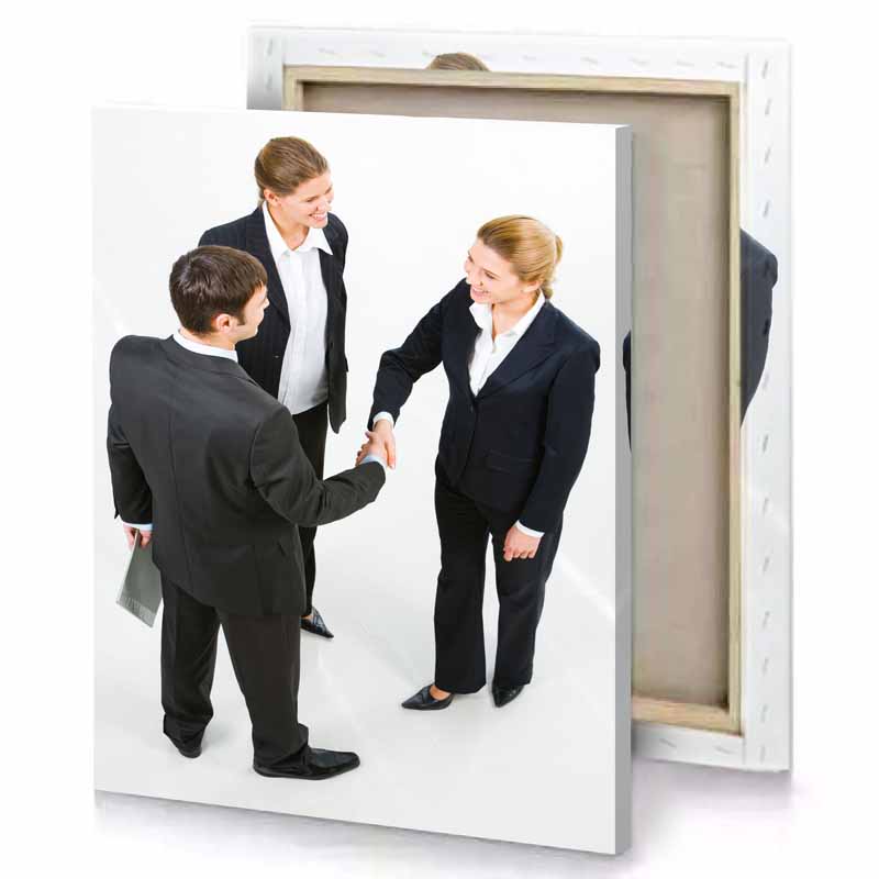 a man and woman shaking hands white smoke canvas