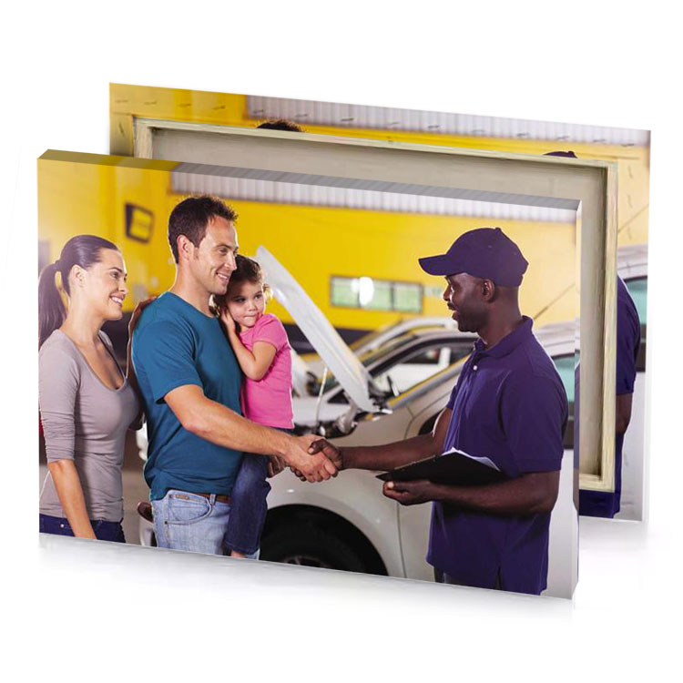 a man and woman shaking hands with car golden poppy canvas