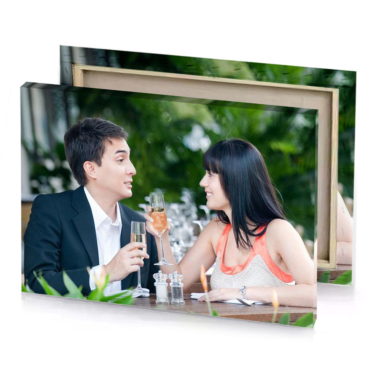 a man and woman sitting at table with drinks bistre canvas