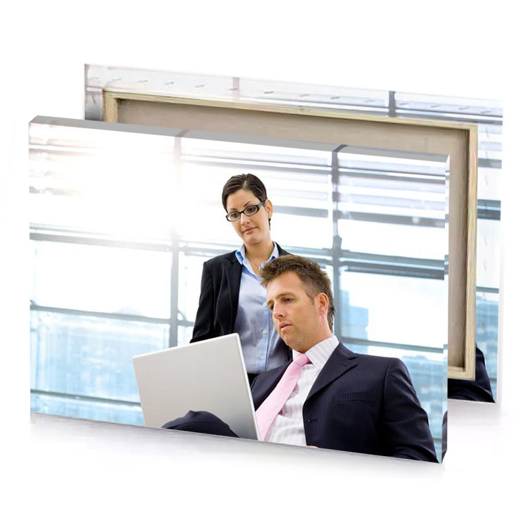 a man and woman sitting in chair with laptop white smoke canvas