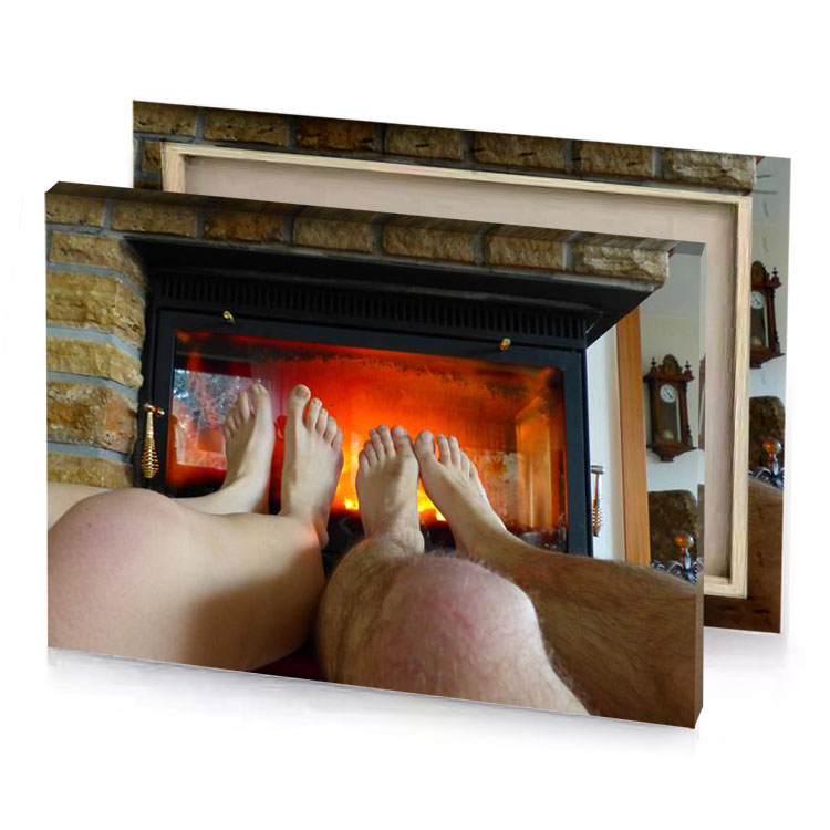 a man and woman sitting in front of fireplace firebrick canvas