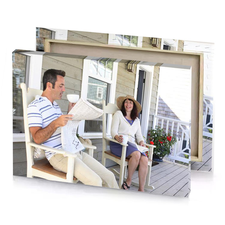 a man and woman sitting on porch linen canvas