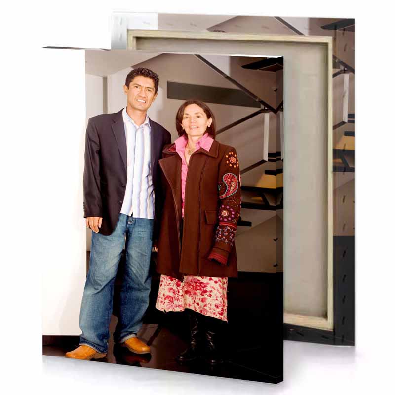a man and woman standing next to each other people smoky black canvas