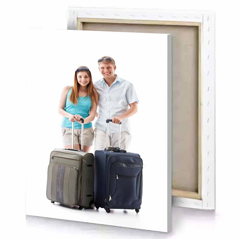 a man and woman standing next to suitcase white smoke canvas