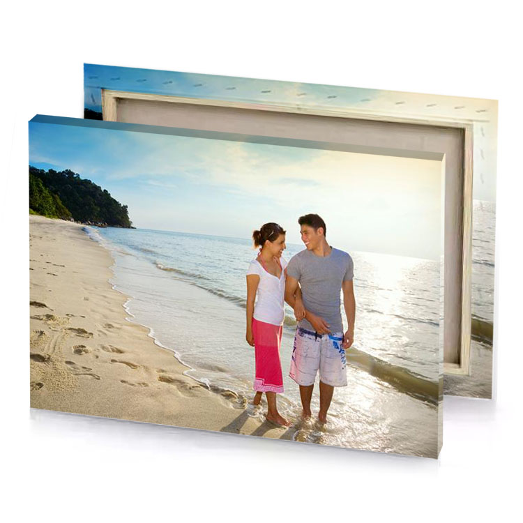 a man and woman standing on beach silver canvas