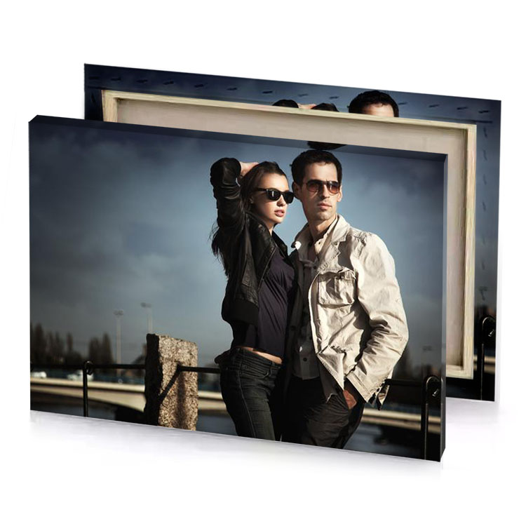 a man and woman standing on bridge smoky black canvas