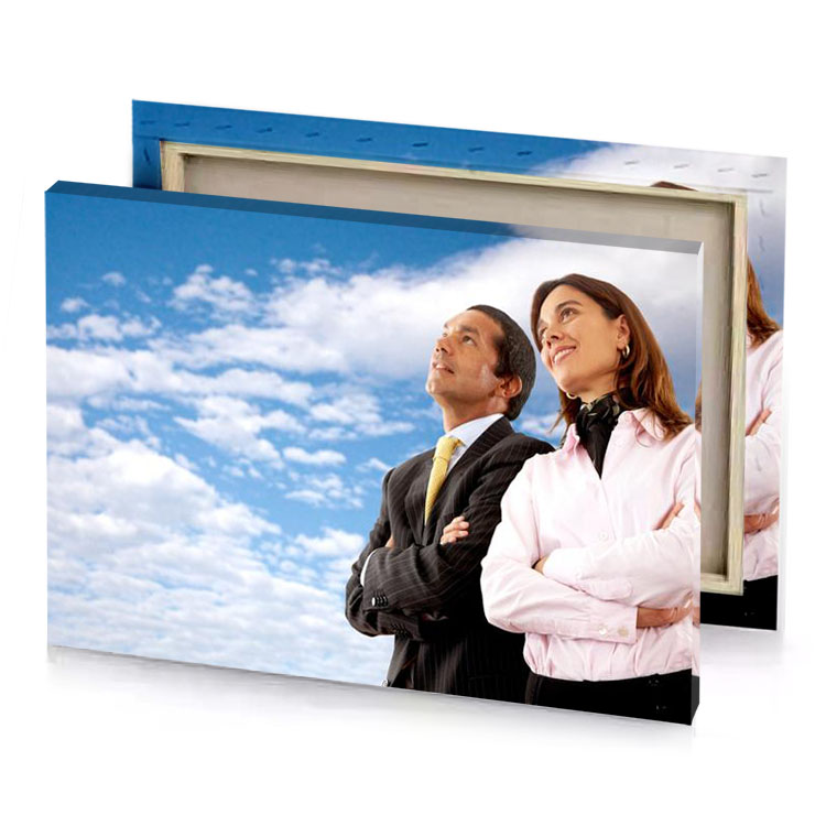 a man and woman standing together steel blue canvas