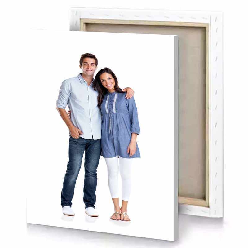 a man and woman standing together white canvas