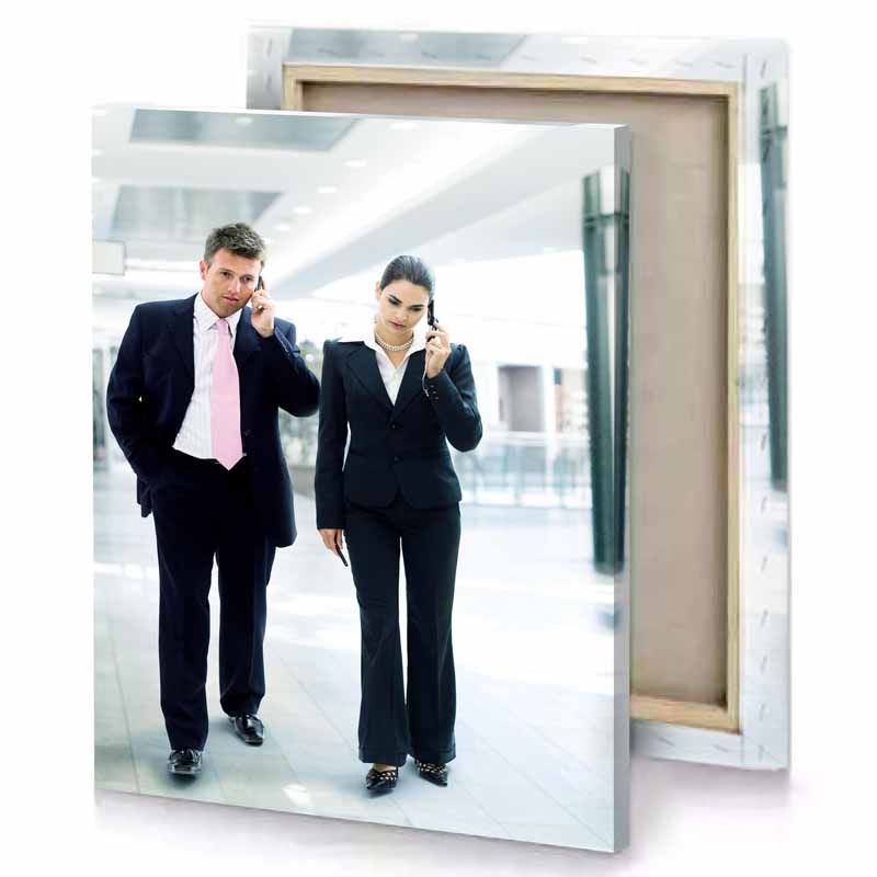 a man and woman walking down hallway lavender canvas