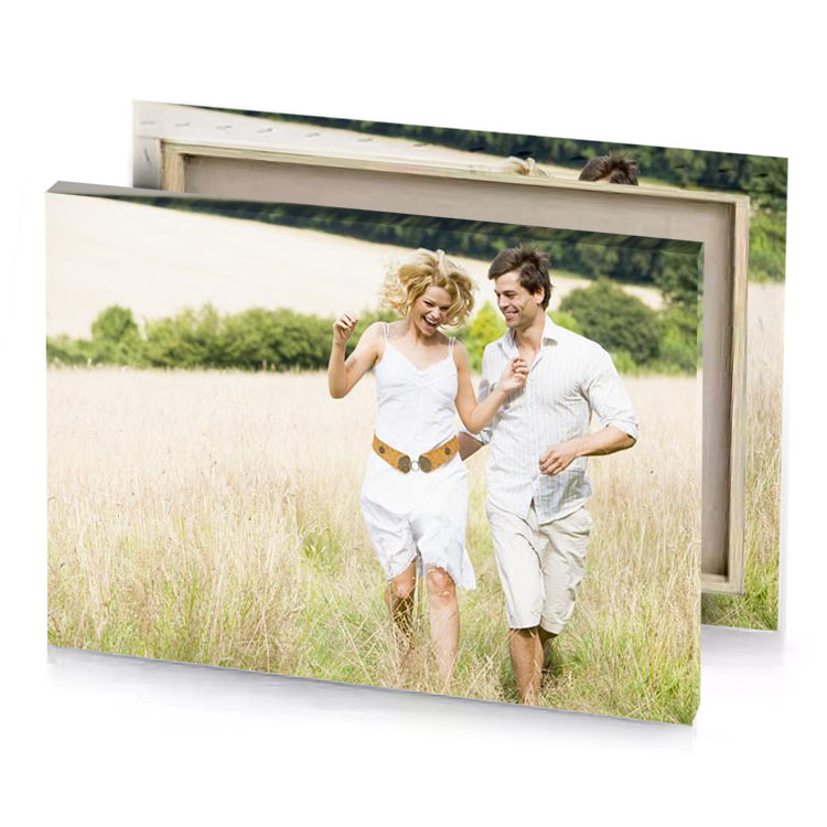 a man and woman walking through field linen canvas