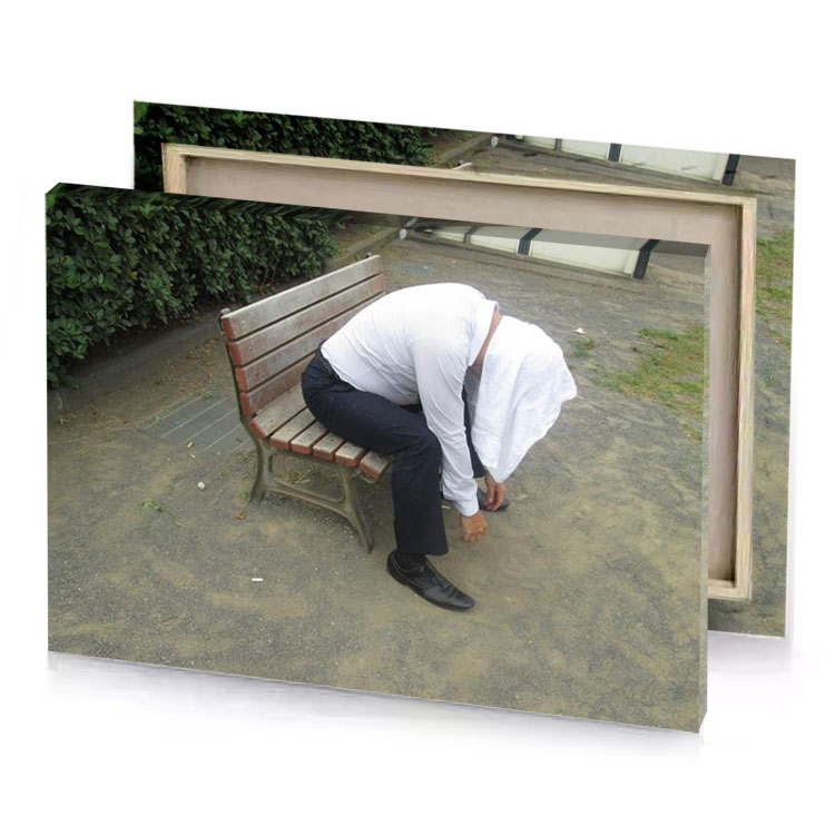 a man bending his head on bench lavender canvas