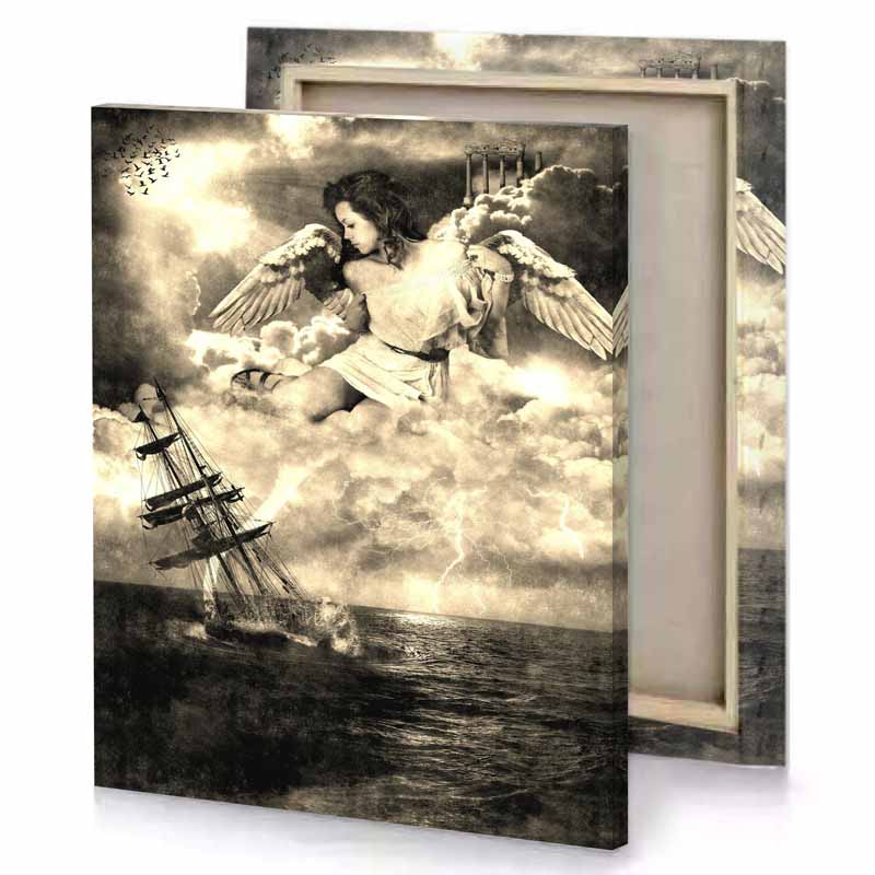 a man flying over boat in the ocean bisque canvas