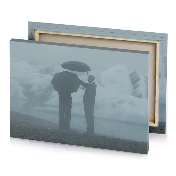 a man holding an umbrella standing in the snow dim gray canvas
