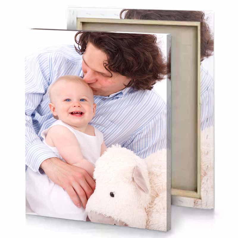 a man holding baby and stuffed animal linen canvas