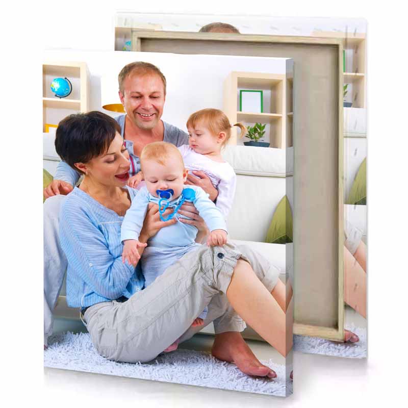 a man holding baby light steel blue canvas