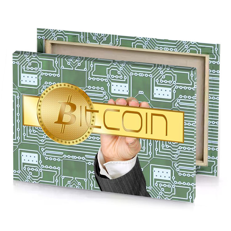 a man holding golden bit coin khaki canvas
