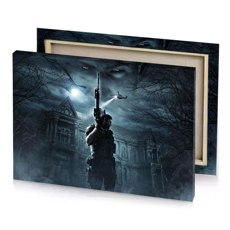 a man holding gun in front of castle slate gray canvas