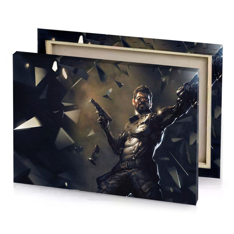 a man holding gun in front of shattered wall dark olive green canvas