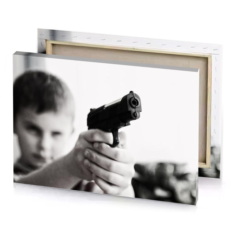 a man holding gun in his hand white smoke canvas
