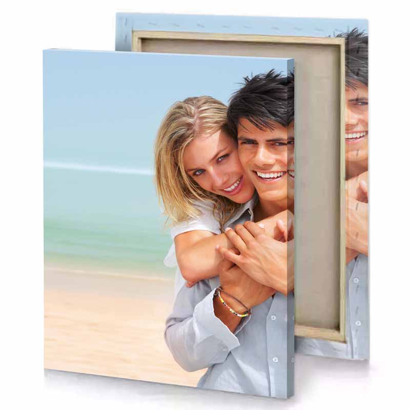 a man holding woman light blue canvas