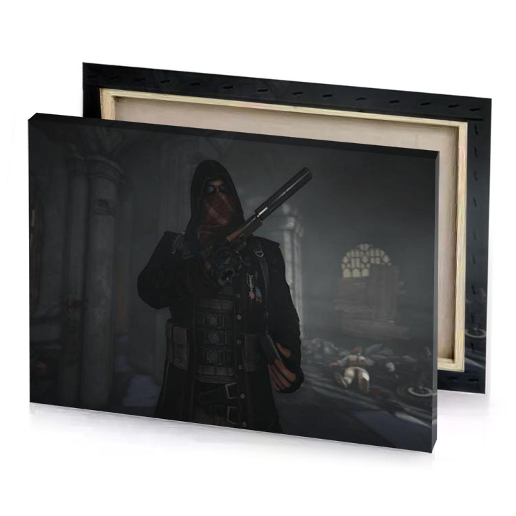 a man in black coat holding gun dim gray canvas