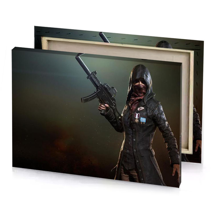 a man in black coat holding gun taupe canvas