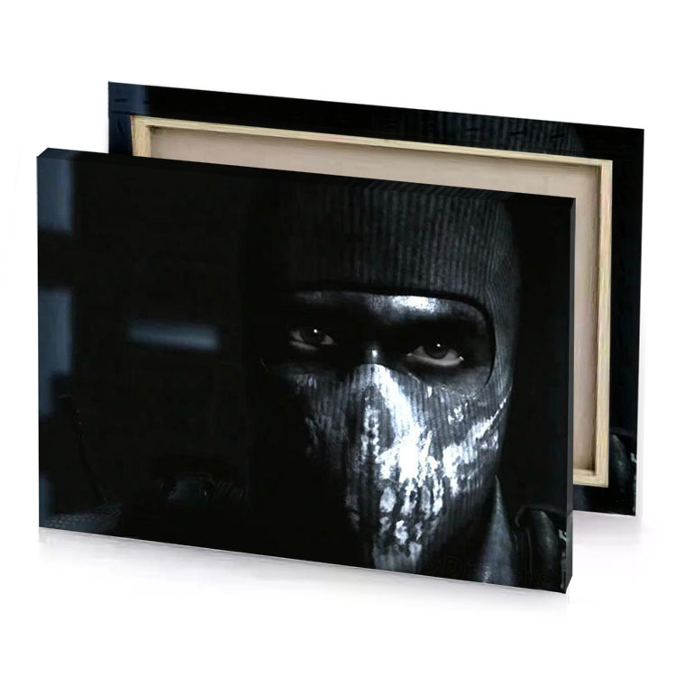 a man in black mask with white face alice blue canvas